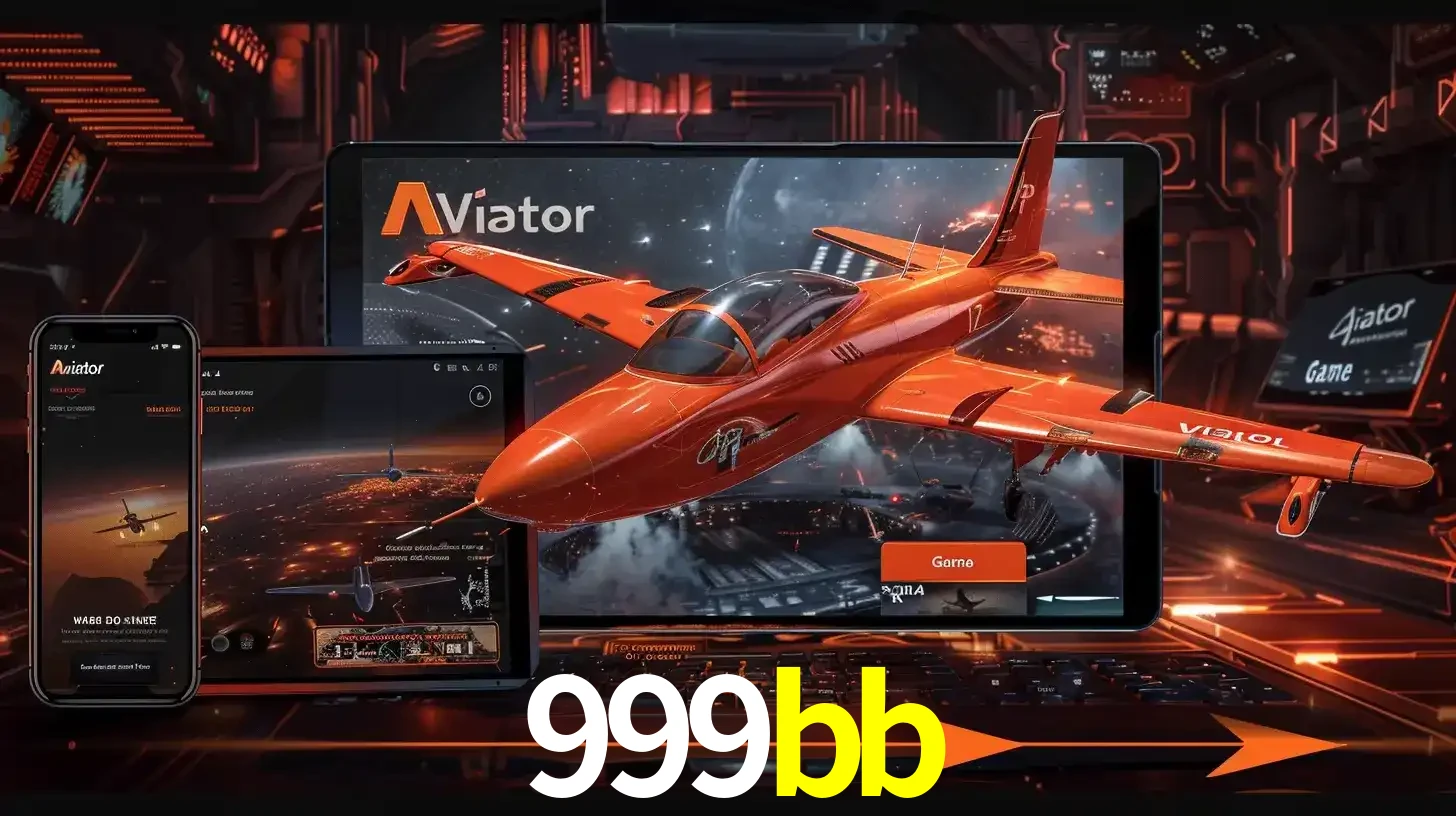 Apresentação tecnológica do jogo Aviator com um avião saindo da tela de um tablet, demonstrando a experiência imersiva em múltiplos dispositivos no 999bb.