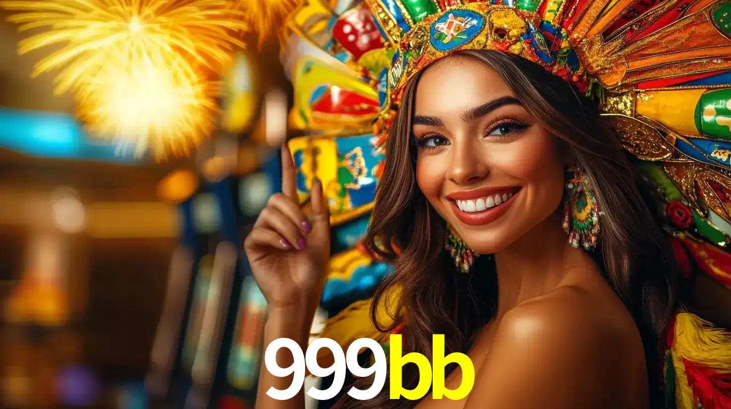 Mulher sorridente com um cocar de carnaval vibrante e colorido, celebrando uma grande vitória nos jogos do cassino 999bb com fogos de artifício ao fundo.