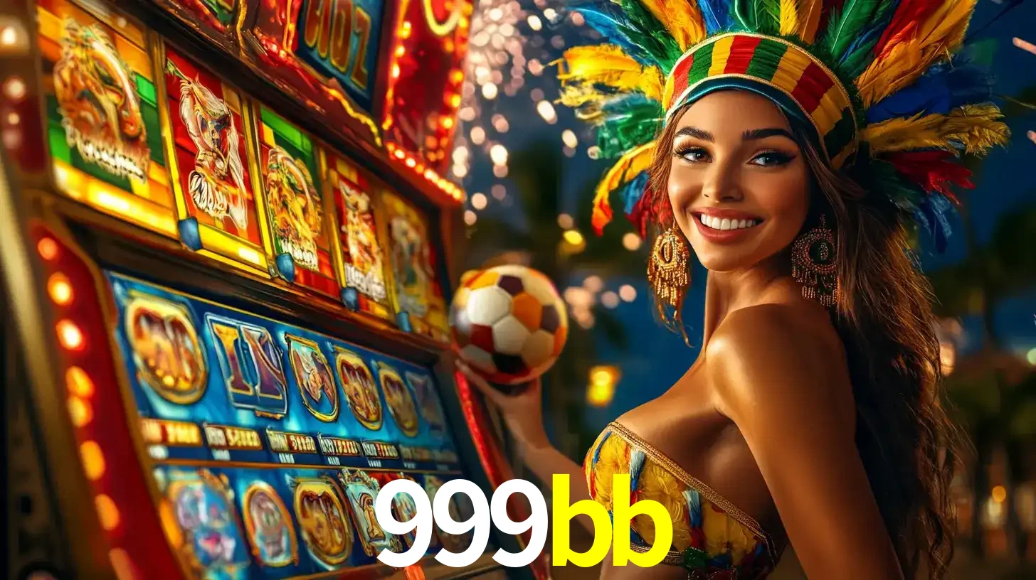 Mulher com um cocar de carnaval ao lado de uma máquina de caça-níqueis enquanto segura uma bola de futebol, mostrando a união da diversão de cassino e esportes no 999bb.