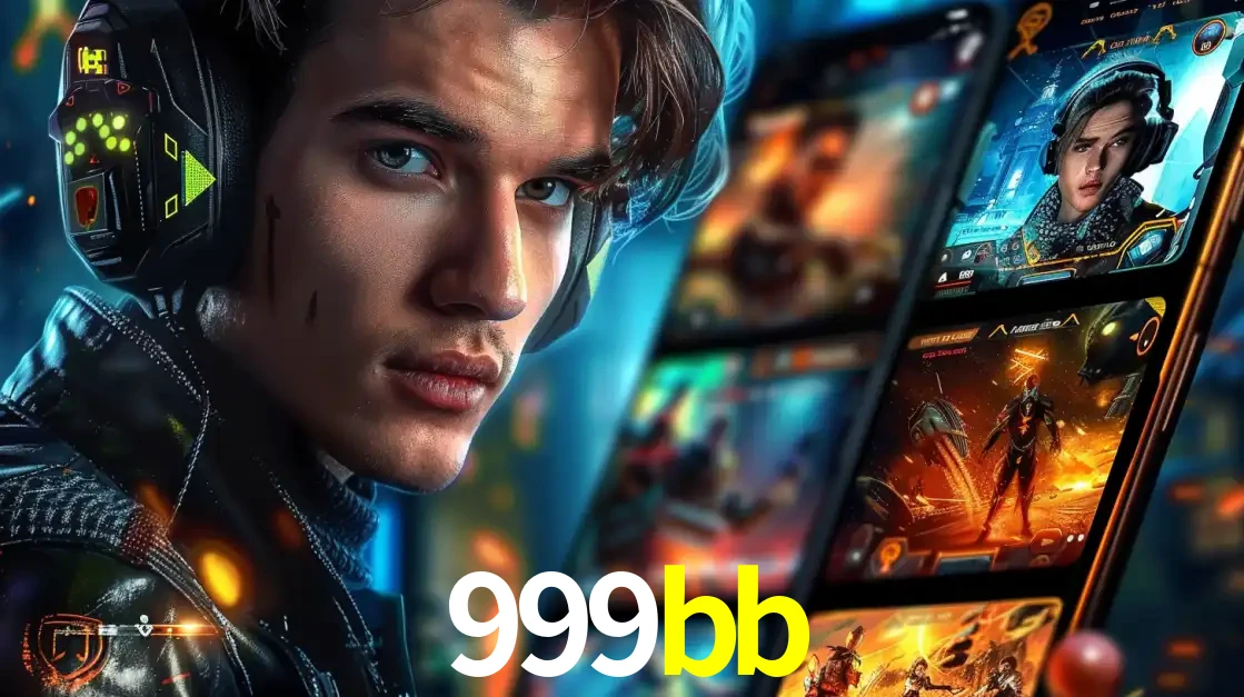 Jovem jogador com fones de ouvido olhando para a câmera, com um aplicativo de jogos e e-sports para celular ao fundo, pronto para a competição e apostas no 999bb.