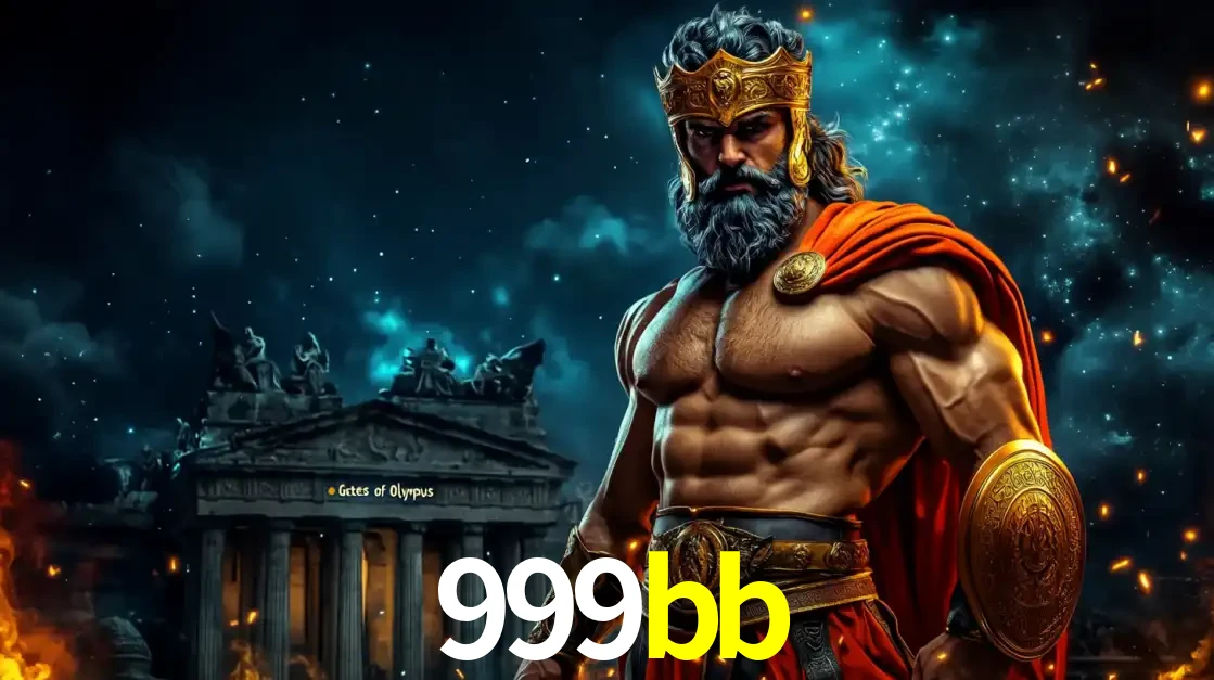 O poderoso Zeus do jogo de slot Gates of Olympus em frente ao seu templo, pronto para lançar multiplicadores divinos e prêmios épicos no cassino online 999bb.