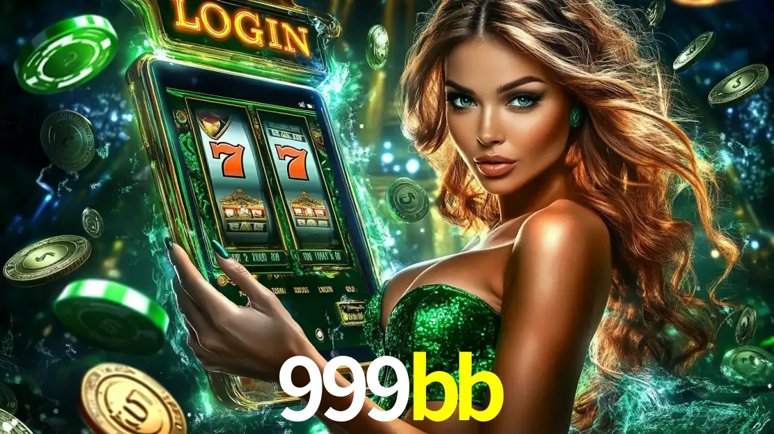 Mulher com tema verde apresentando o aplicativo do cassino 999bb com um jogo de slot de 777, cercada por fichas de cassino e uma aura de sorte.