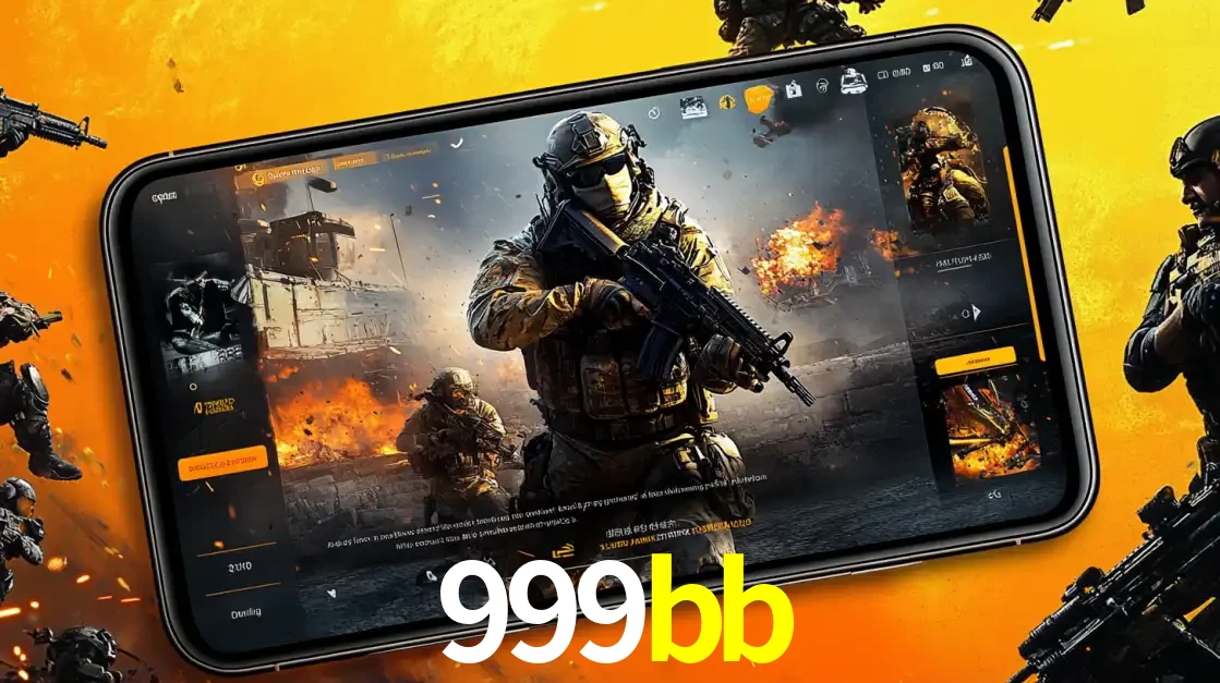 Um smartphone exibindo a interface de um jogo de tiro em primeira pessoa, com um soldado em um cenário de batalha, representando a ação dos e-sports para apostar no 999bb.