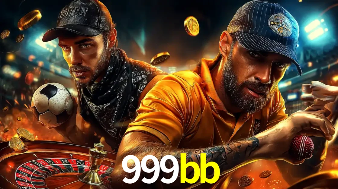 Montagem de apostas esportivas e cassino no 999bb, com um homem segurando uma bola de futebol e outro uma de beisebol sobre uma roleta e moedas voadoras.