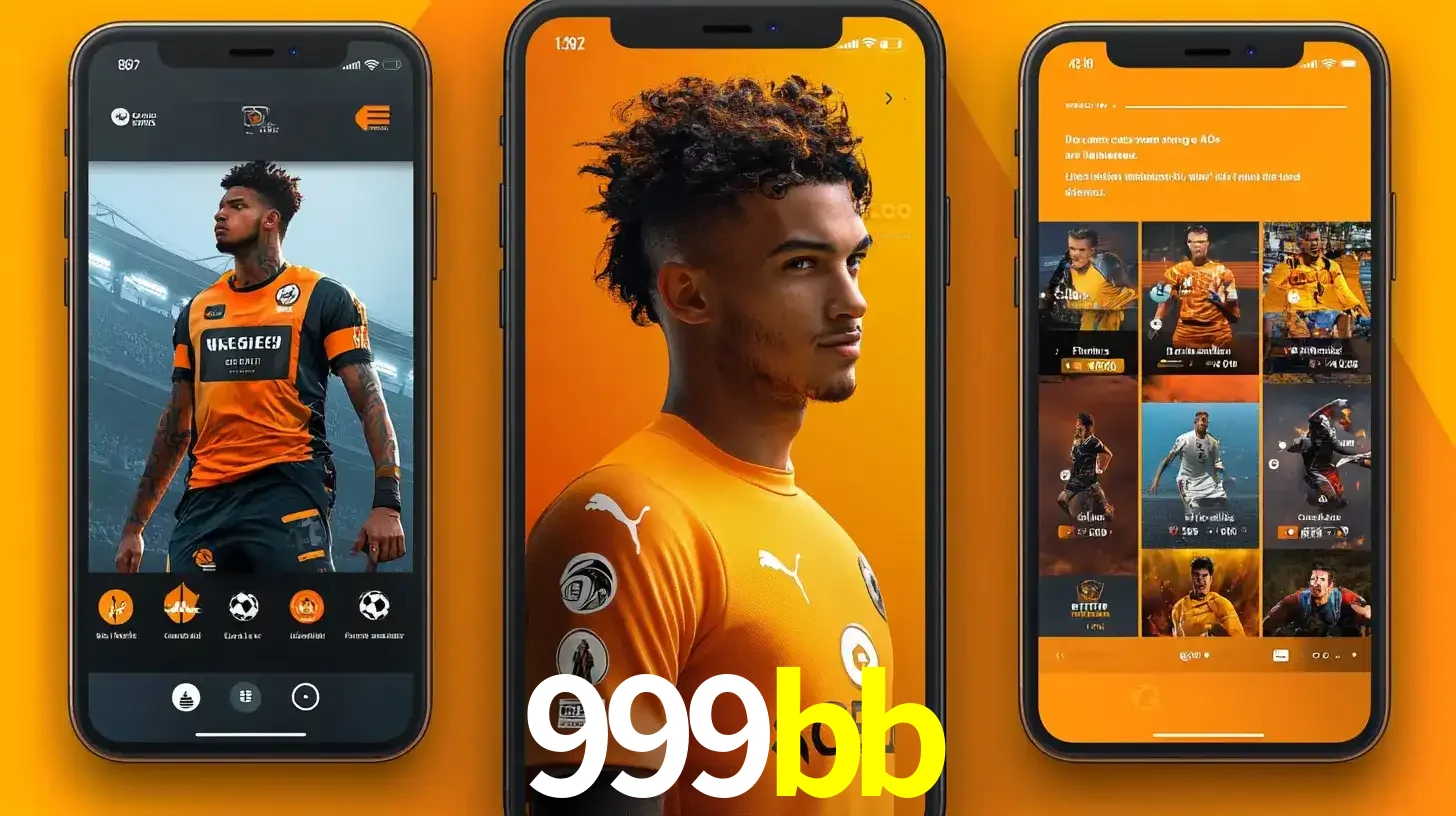 Interface do aplicativo de apostas esportivas 999bb em três telas de celular, mostrando o perfil de um jogador de futebol e a lista de jogos disponíveis para apostar.