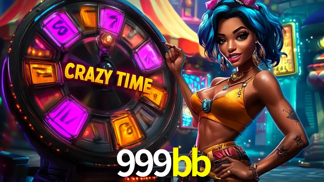 Mulher estilizada com cabelo azul e visual vibrante posando ao lado da roda de prêmios do game show Crazy Time, convidando para a diversão e os bônus do cassino 999bb.