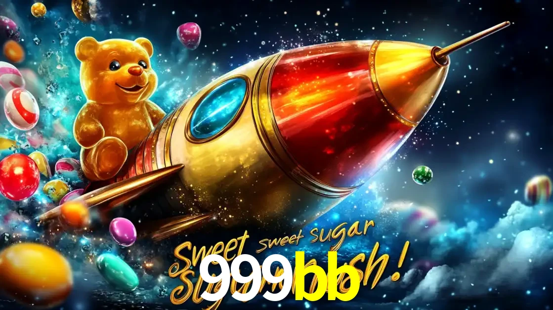 Arte promocional do jogo de slot Sugar Rush, com um urso de pelúcia em um foguete viajando pelo espaço de doces, um dos jogos divertidos disponíveis no cassino 999bb.