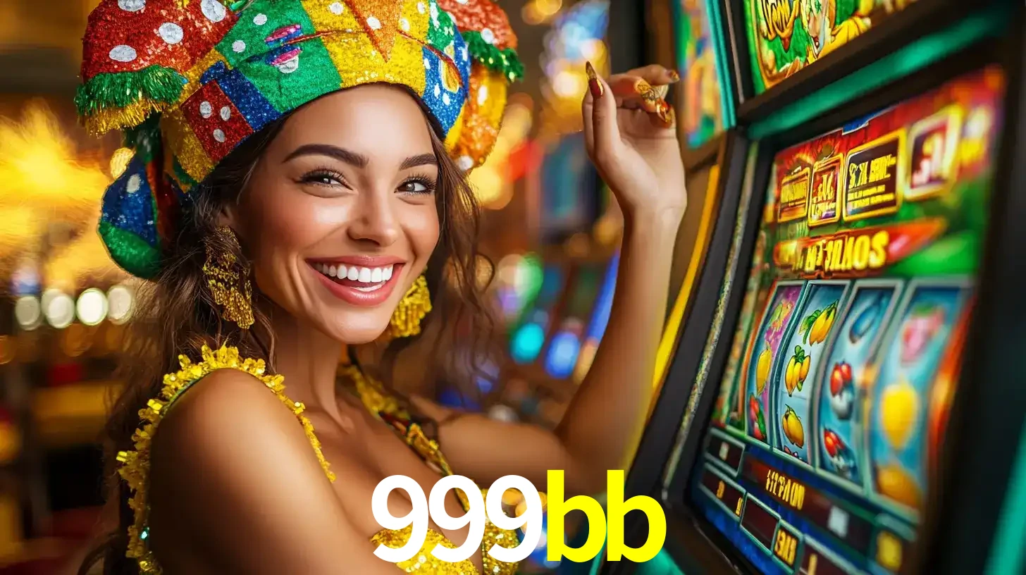 Mulher feliz com traje de carnaval amarelo e colorido ao lado de uma máquina de caça-níqueis, aproveitando a diversão e os jogos temáticos do cassino 999bb.