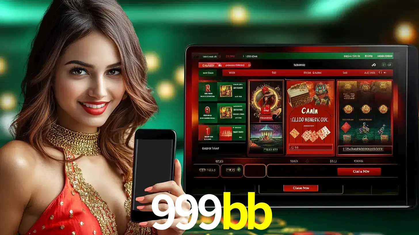 Mulher sorridente segurando um smartphone, ao lado de uma tela exibindo o lobby de jogos do cassino online 999bb, com várias opções de jogos de cartas e slots.
